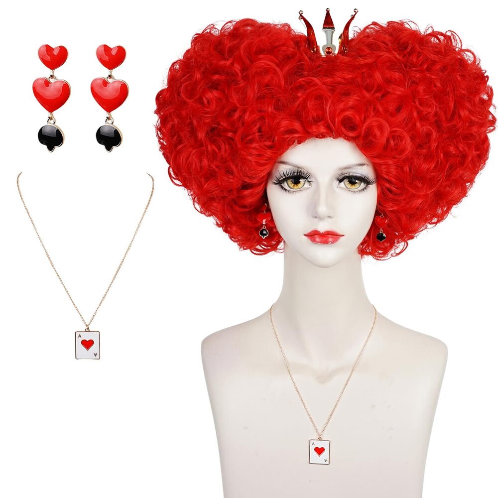 7927 Sl Red Queen Wig And Crown Earrings Necklace For Halloween
